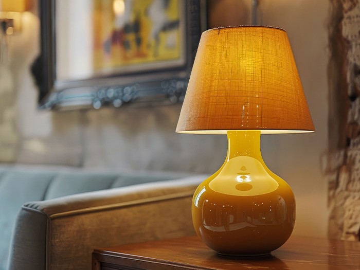 Lamp on a side table with an orange-colored lampshade.